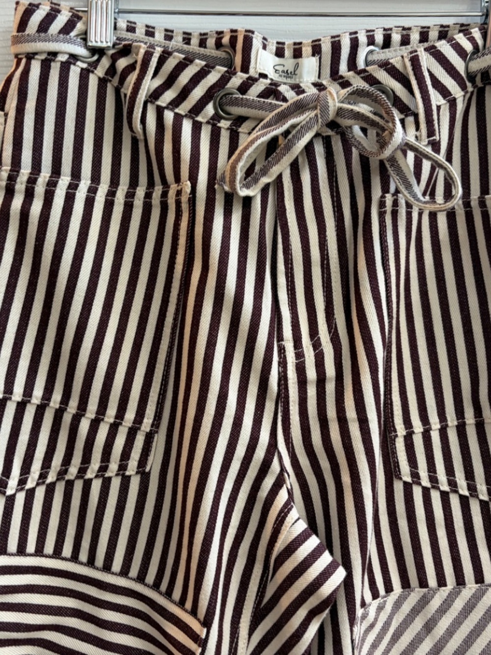 NEW EASEL PAPERBAG PANTS STRIPED TWILL CARGO RELAXED FIT DRAWSTRING HIGH RISE - Picture 6 of 7